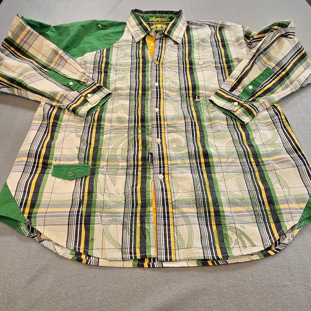 Akademiks Button Down Mens 2XL Green‎ Plaid Embroidered Streetwear Shirt